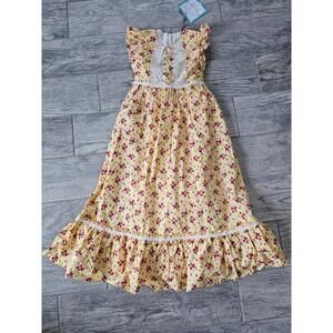 BNWT New Girls Olive Mae Dress Long Floral Lace Sz 6 Yellow Lined Short Sleeves